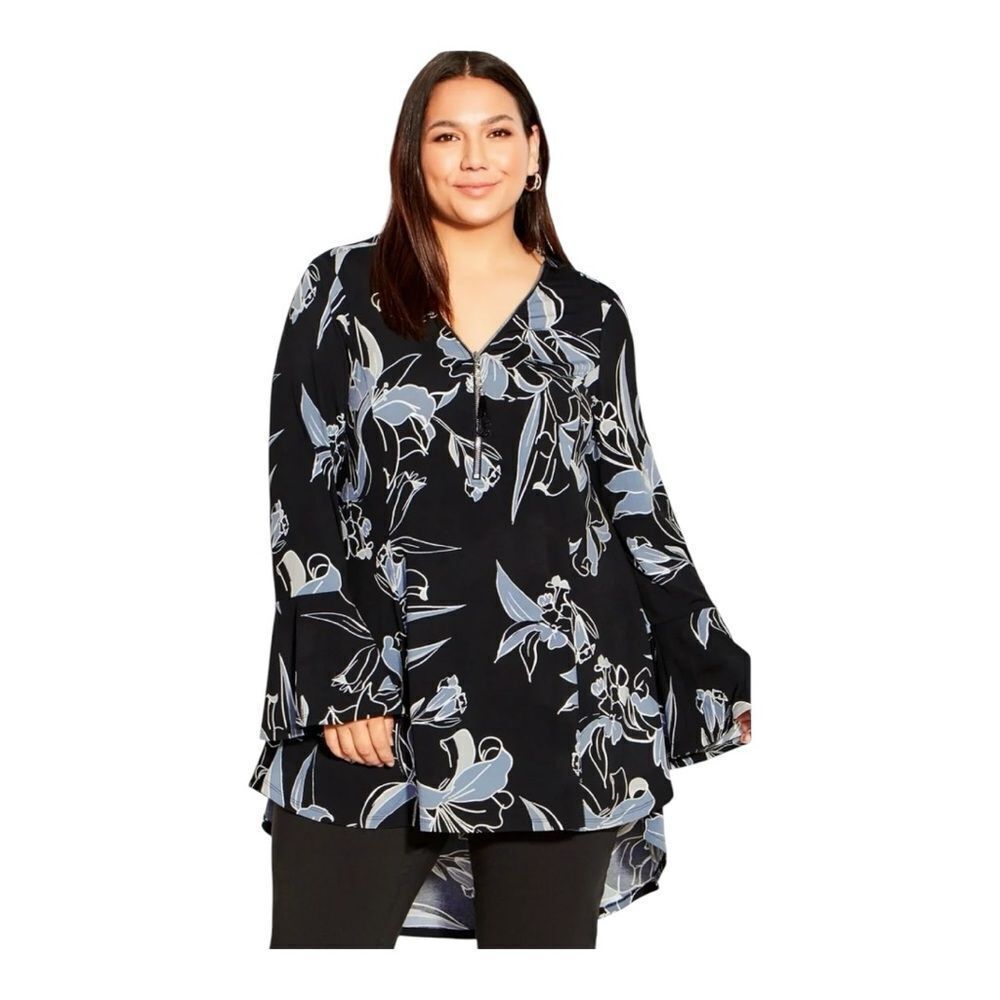 Avenue Studio Plus Size Evans Black Hi Low Floral Flare Sleeve Tunic Top Size 18